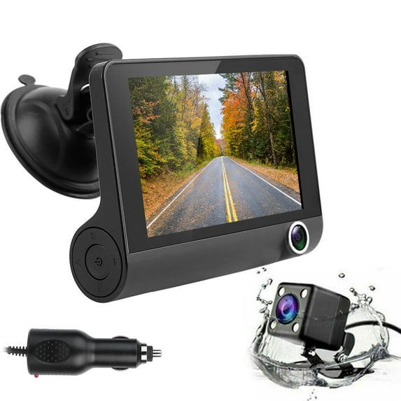 Car DVR Dash Camera with FHD 1080P 4In Touch Screen, 3 Lens Vehicle Driving Recorder Seamless Loop Recording