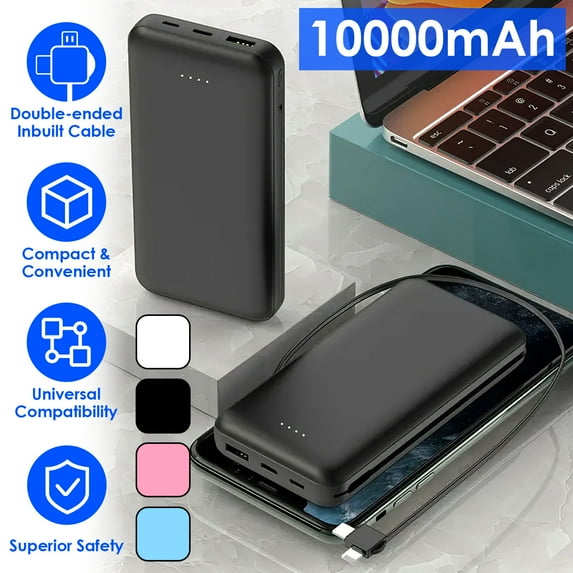 Moclever 10000mAh Power Bank Portable Phone Charger with LT Type-C Double-Ended Cable, Black