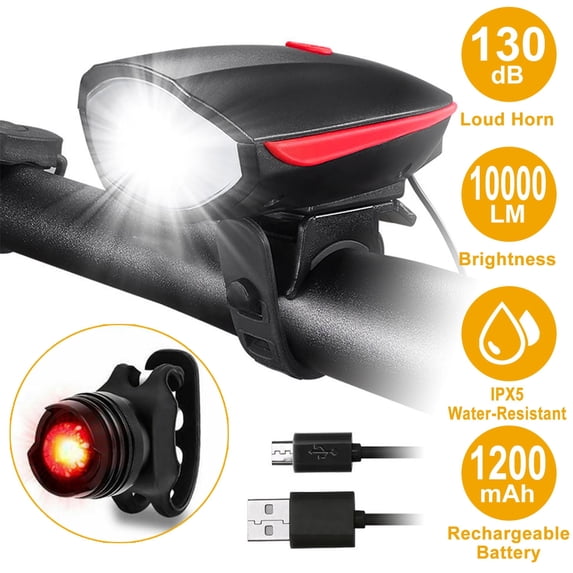 Imountek 10000lm Bike Headlight USB Rechargeable LED Bicycle Front Light Rear Tail Light with 130dB Loud Horn for Night Riding, Black