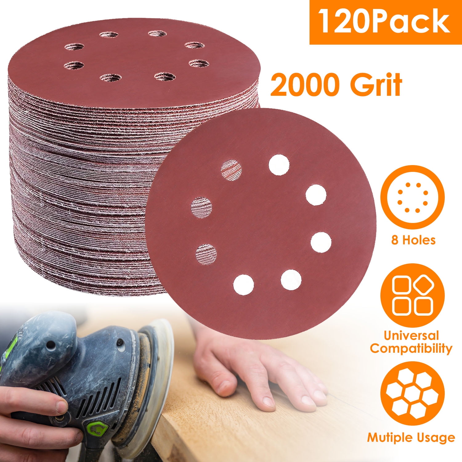 Moclever 120Pack 5in 8 Hole Sanding Discs Round Sandpapers Random Orbital Sander Pads 2000 Grit Dark Brown Walmart