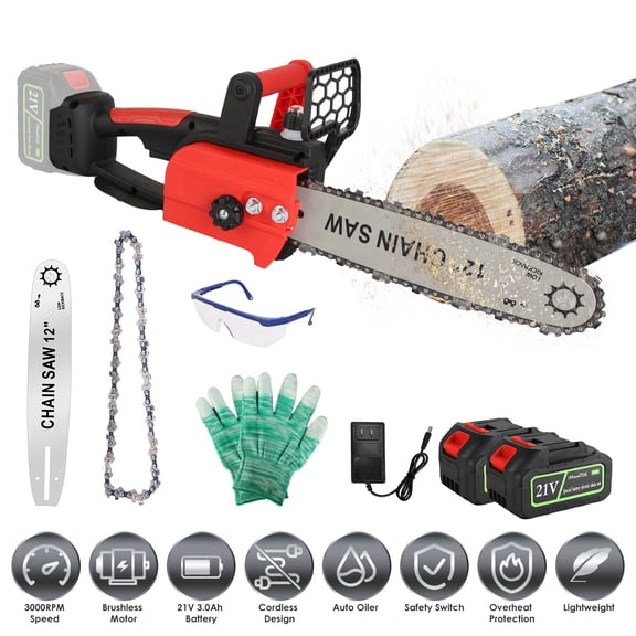 iMounTEK 12In Electric Chainsaw with 2Pcs 21V 3.0Ah Battery and Charger, Brushless Battery Operated Cordless Chainsaw with Auto Oiler Safety Switch