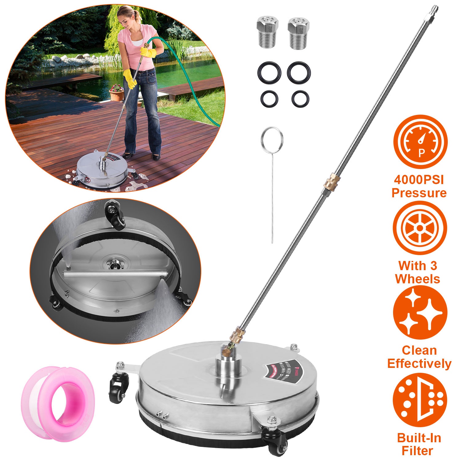 iMounTEK 15" Pressure Washer Surface Cleaner with 3 Wheels, Stainless