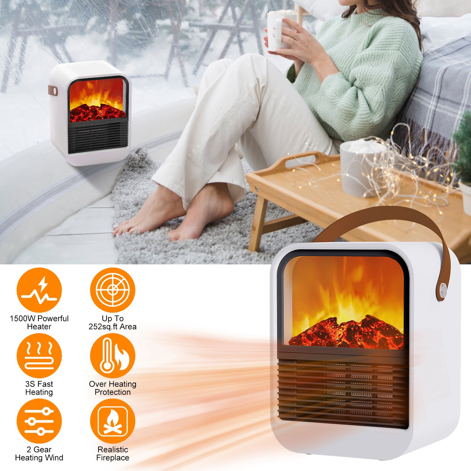 iMounTEK 1500W Portable Electric Fireplace Heater 2 Gear Temperature
