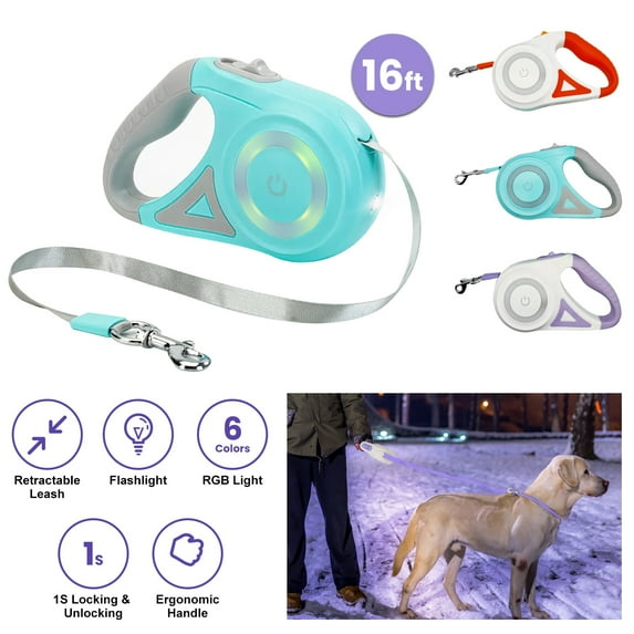 Moclever 16FT Retractable Dog Leash Extendable Pet Leash Dog Walking Leash with Flashlight RGB Light 2 Rolls of Waste Bags Dispenser Fit for 66-110lbs, Green