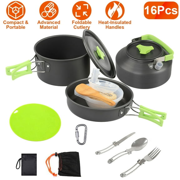 Imountek 16Pcs Camping Cookware Mess Kit, Non-Stick Lightweight Pots Set Portable Outdoor Cookware for Camping Backpacking