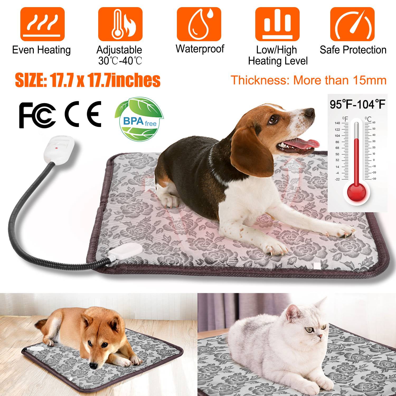 iMounTEK 17.7x17.7in Pet Heating Pad, Electric Heating Pad for Dogs and