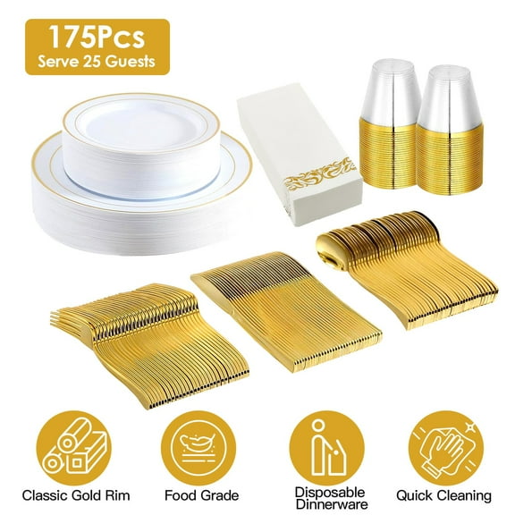 Moclever 175Pcs Disposable Gold Dinnerware Set for 25 Guests, 25 Large Plates 25 Small Plates 25 Cups 25 Forks 25 Spoons 25 Knives 25 Napkins for Easter Party Wedding Graduation, 1Set