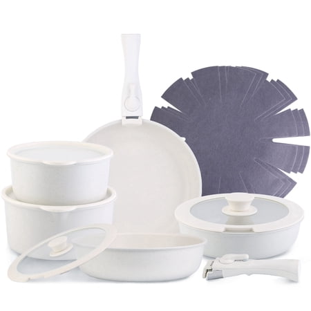 iMounTEK 17pcs Pots and Pans Set with Detachable Handle, Nonstick Cookware Set, White