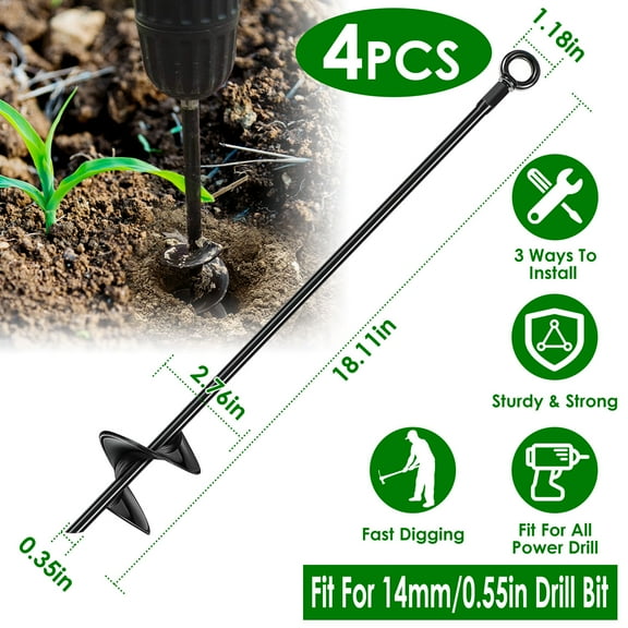 iMounTEK 18 inch 4 Pack Long Earth Ground Anchor Screw, 2.76in Width Heavy Duty Ground Auger Stakes for Farm Vegetable Flower Planting, Tents, Canopies, Black