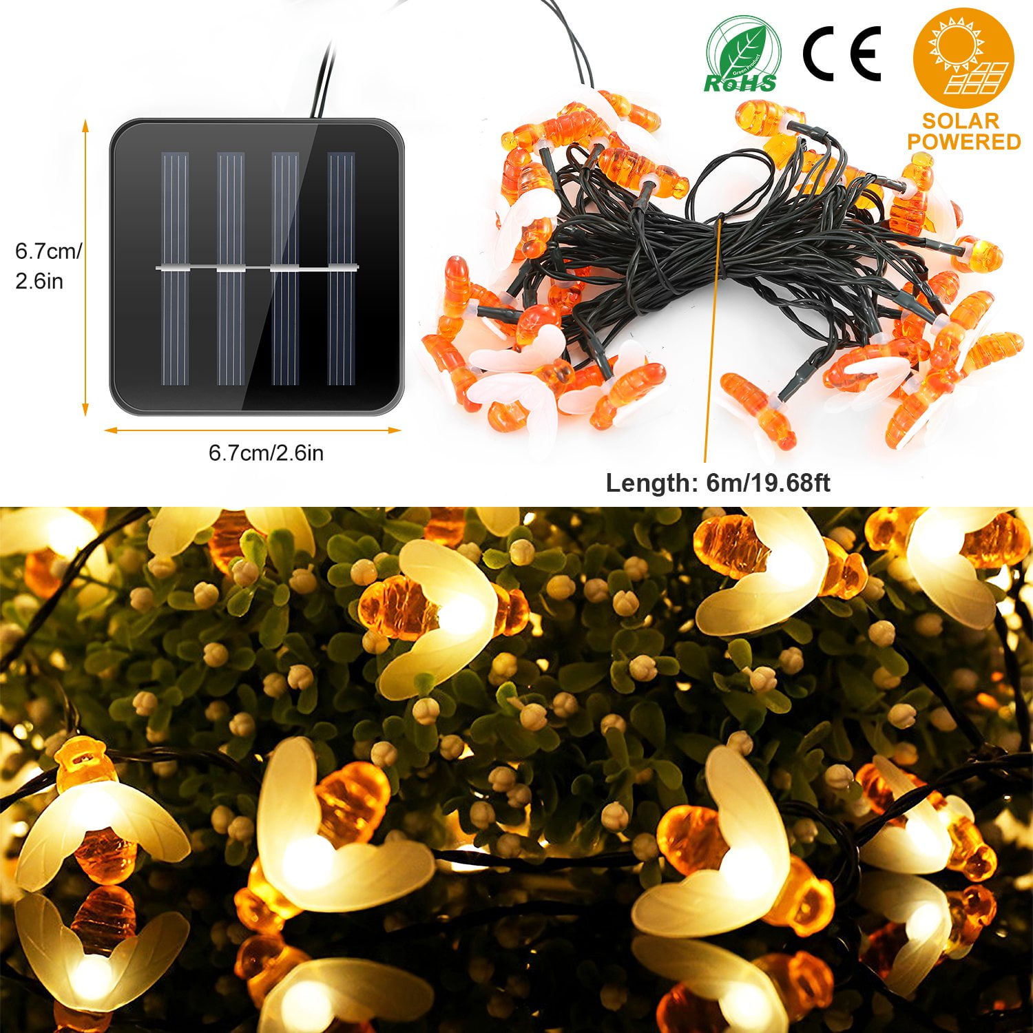 SOLAREK Imountek 19.68ft Solar String Bee Lights, 30 LED Honeybee Fairy Lights, IP65 Waterproof, 8 Lighting Modes