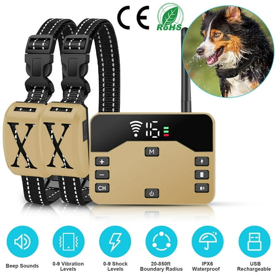 Moclever 2 in 1 Wireless Electric Dog Fence Waterproof Pet Shock Boundary Containment System 20-850ft Electric Training Collar for Small Medium Large Dogs, 1 Transmitter 2 Receiver Collars, Gold
