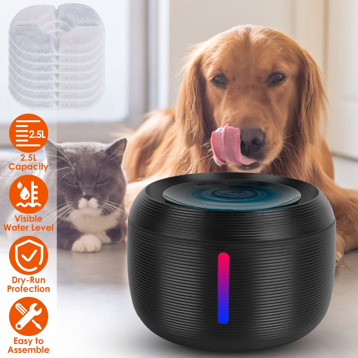 iMounTEK 2.5L Pet Fountain- Automatic water fountain with LED Light for cats & small dogs, fresh water, Silent Pump, Automatic Cleansing, filters included