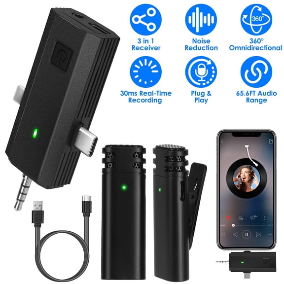 Moclever 2 Pack 3 in 1 Wireless Clip On Microphone Omnidirectional Mic Noise Reduction Plug and Play 65.6FT Transmission Type-C IOS PC Video Record Interview Vlog