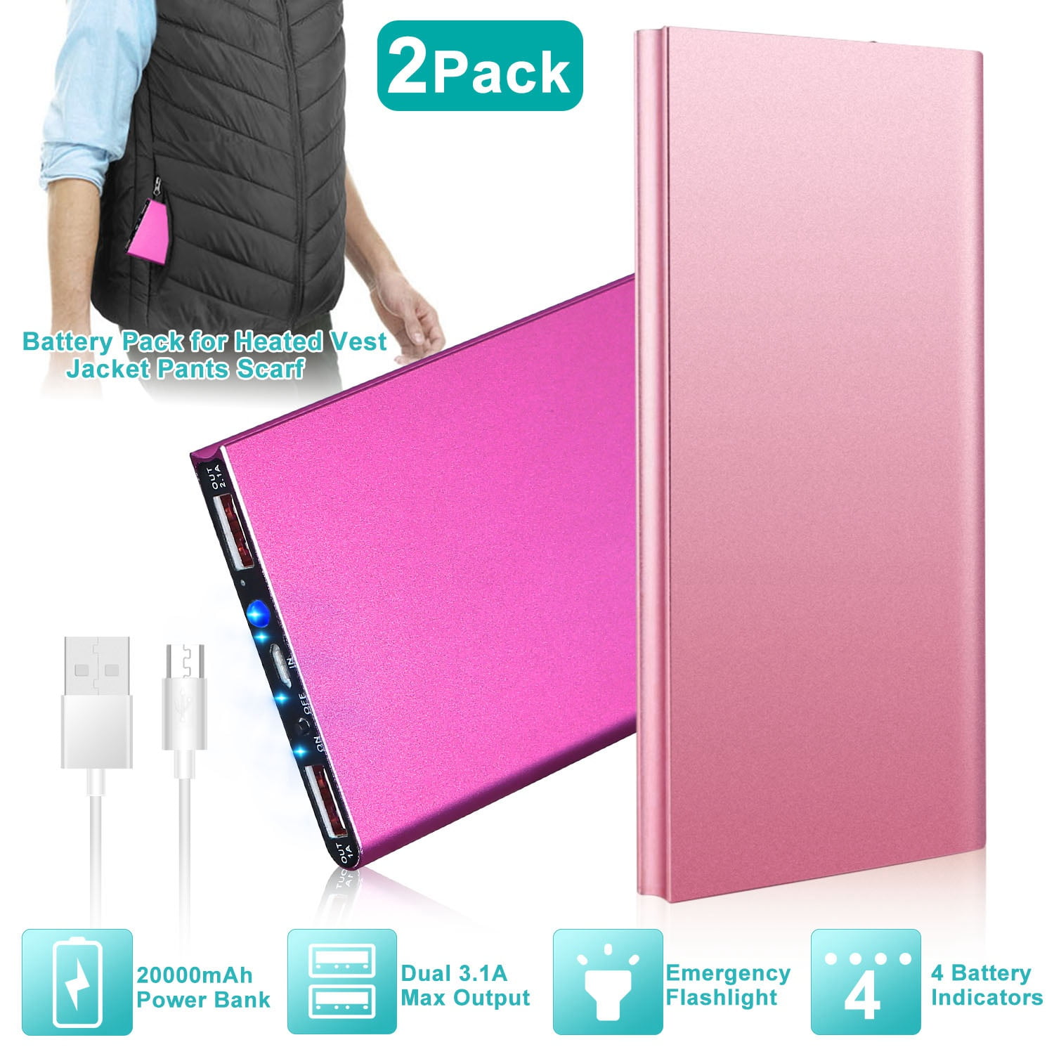 Moclever 2 Pack Heated Vest Power Bank 20000mAh Battery Pack for Heated Vest Jacket Pants Scarf USB Power Bank 5V/2.1A, Hot Pink and Rose Gold