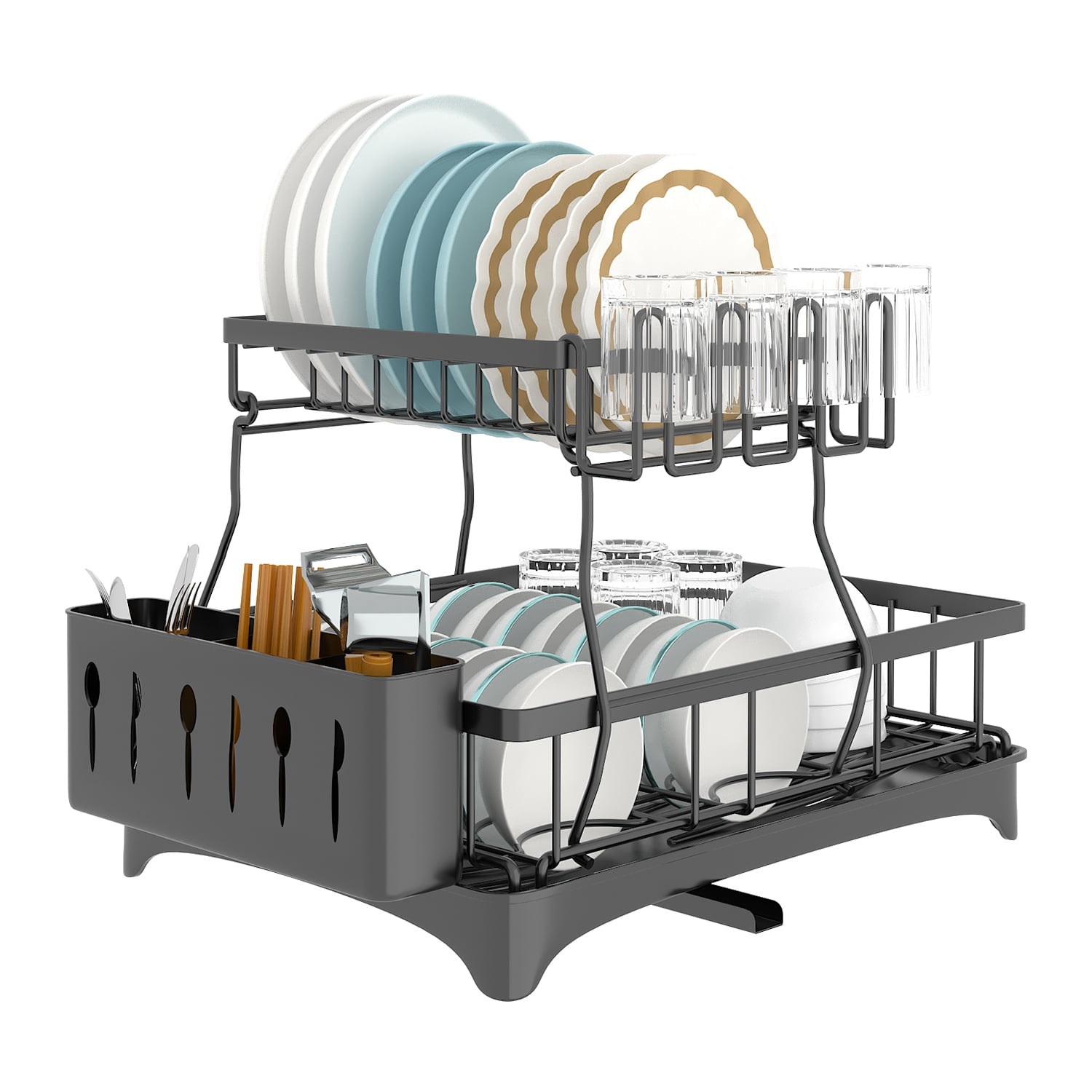 iMounTEK 2-Tier Drying Dish Rack and Drain Board Set Utensil Holder ...