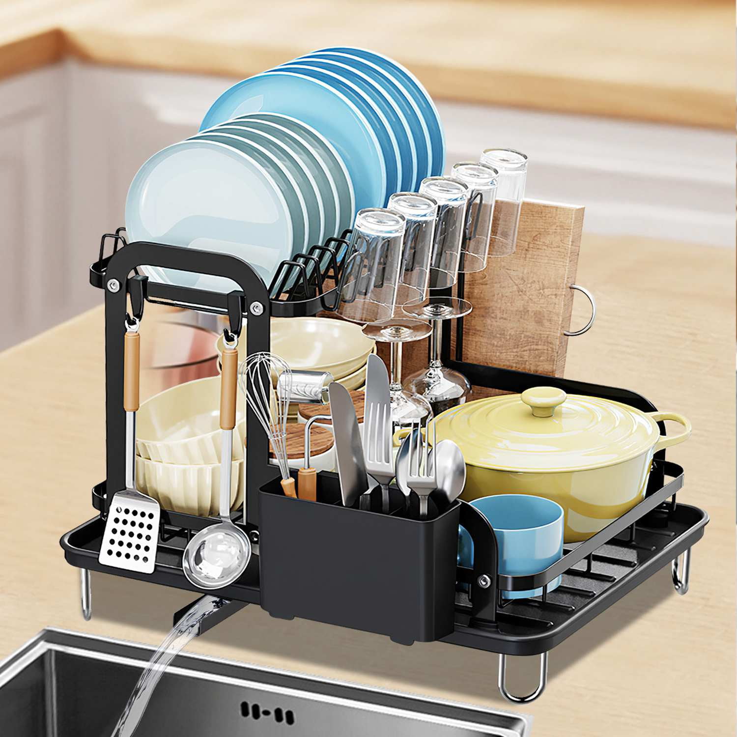 iMounTEK 2 Tier Large Dish Drying Rack Stainless Steel with Drainboard Utensil Cup Holder, Black