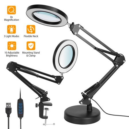 Moclever 2 in 1 Magnifying Glass with Light, 8X LED Magnifying Lamp USB Reading Lamp with Clamp Stand 10 Brightness 3 Modes Fit for Adults, Black