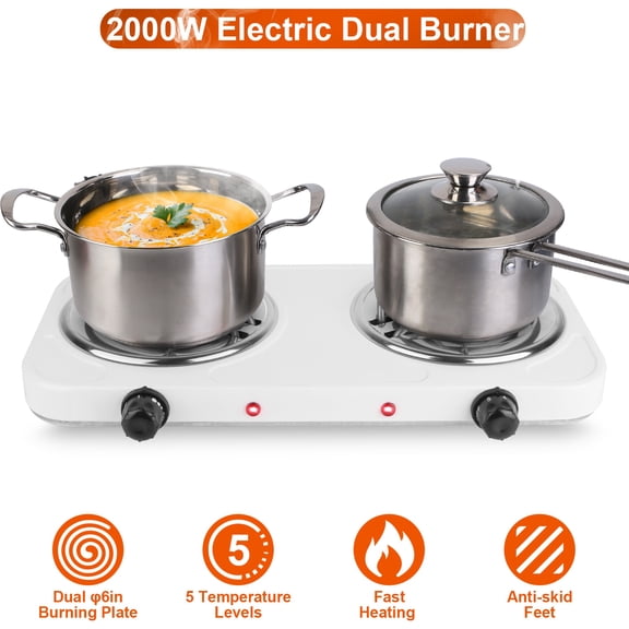 iMounTEK 2000W Portable Burner Coil, Adjustable Hot Plate with Non Slip Rubber 5 Temperature Adjustments,White