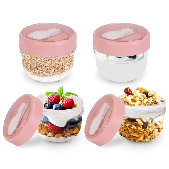 iMounTEK 20oz Overnight Oat Containers with Lids and Spoons, 4pcs Dessert Cups for Yogurt Breakfast, Plastic Snack Oatmeal Jars, Pink