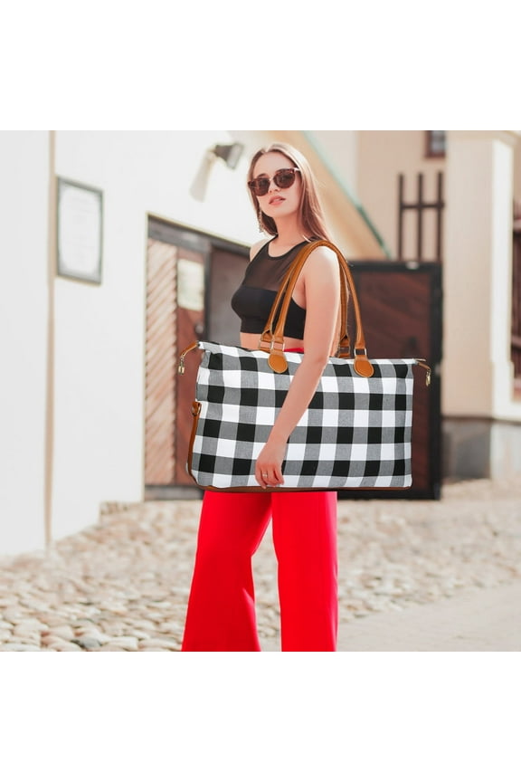 24" Travel Duffle Bags, Portable Luggage Bags for Women with Shoulder Handle, White Plaid