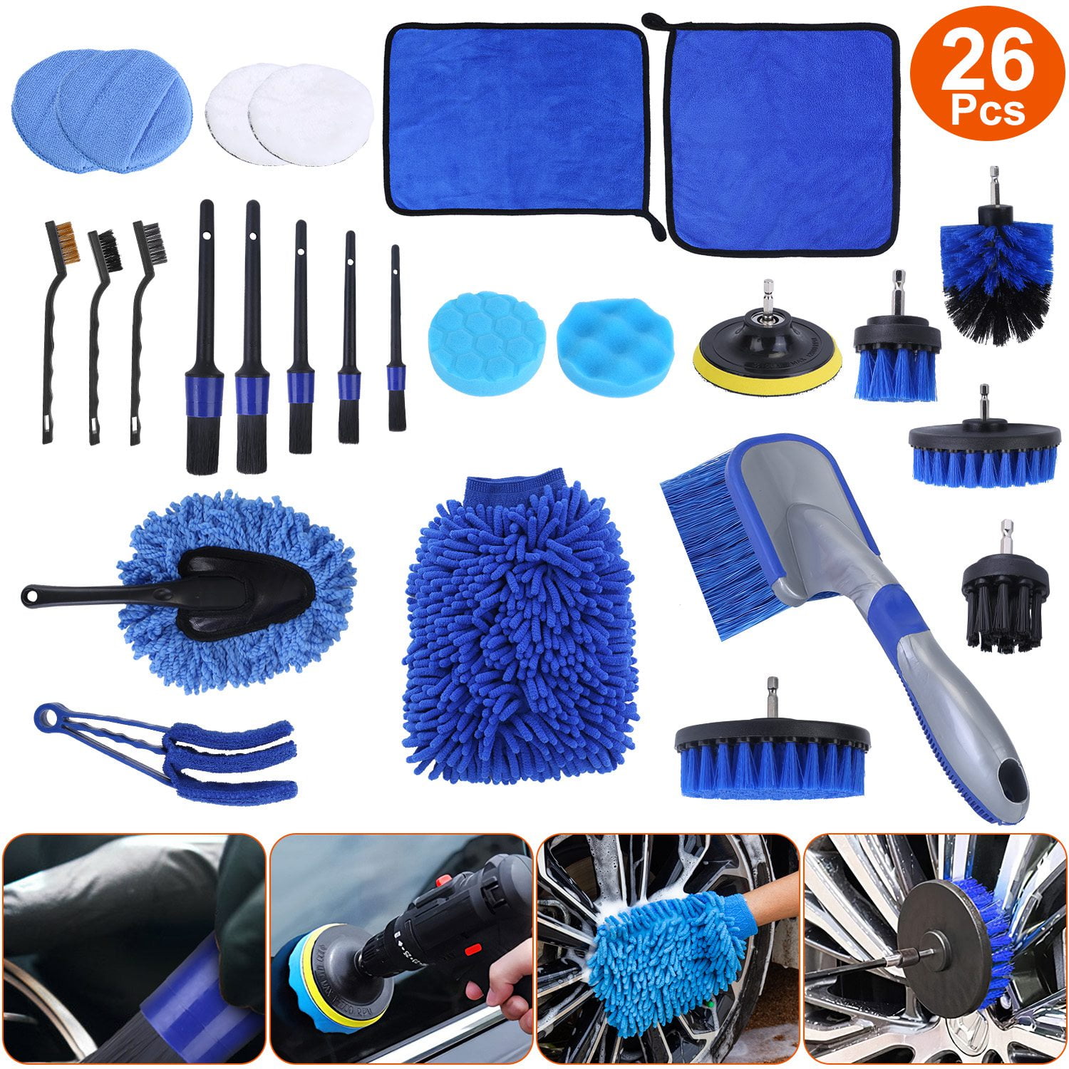 Moclever 26Pcs Car Detailing Brush Kit, Drill Brush Set Car Buffing Sponge Pads Kit for Cleaning Automobile Interior Exterior Wheels Dashboard, Blue