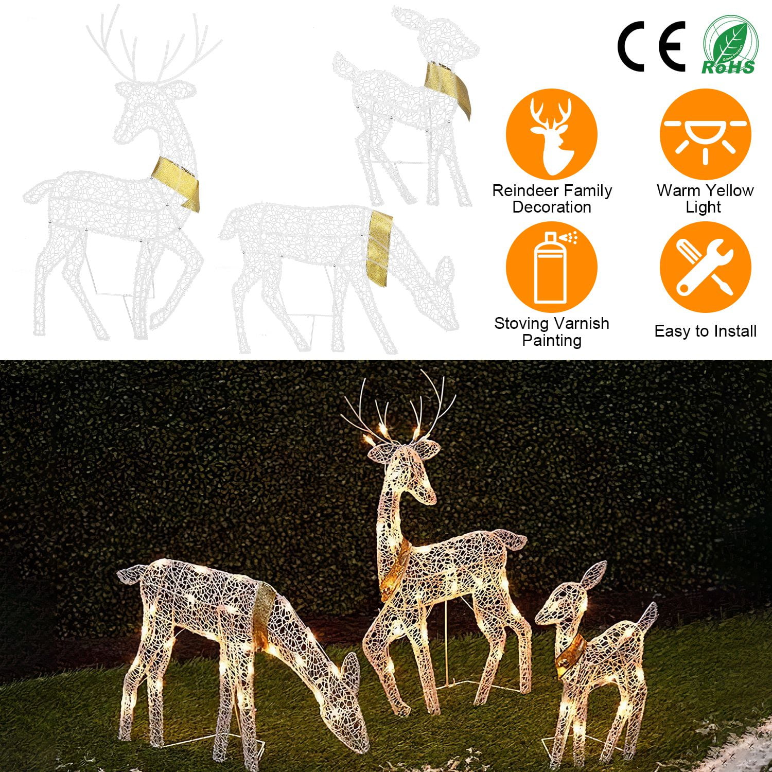iMounTEK 2D Christmas Yard Decoration, Set of 3 Prelit Reindeer with