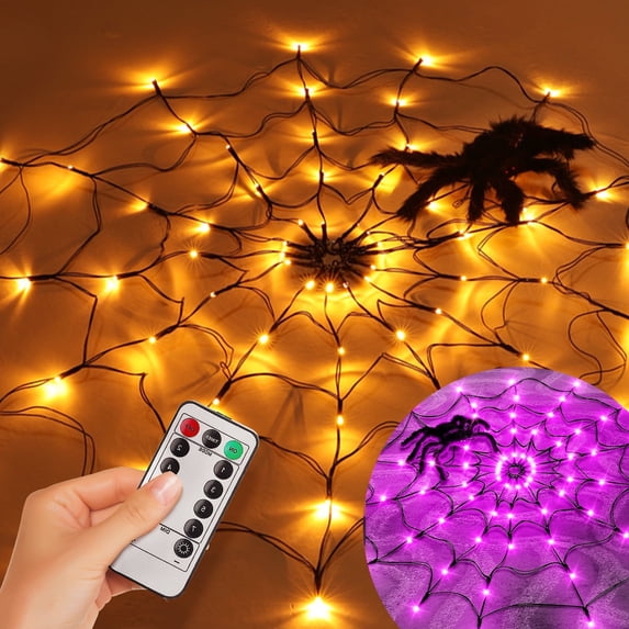 iMounTEK 2Pack Spider Web Lights with 5" Spider, 8 Lighting Modes, 3.3ft Spider Web 70 LED Purple and Yellow