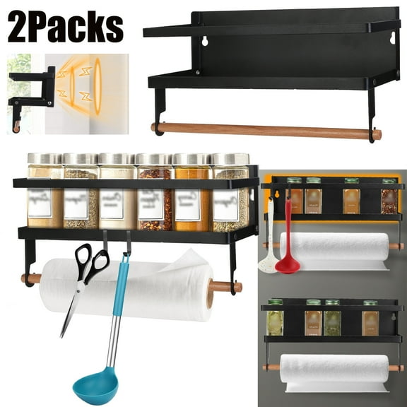 iMounTEK 2Pcs Magnetic Spice Rack with Paper Towel Holder, 2-in-1 Magnetic Spice Rack with Hooks, Wall Mount Shelf Towel Rack for Refrigerator