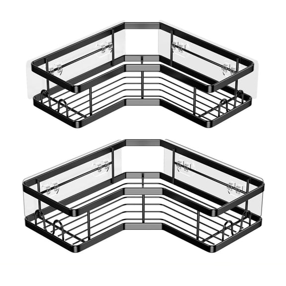 TeqHome 2Pcs No Drilling Adhesive Shower Organizer Shelves Soap Holder, Corner Shower Caddy, Stainless Steel Shower Storage Rack with Hooks & Toothpaste Holder, for Bathroom, Dorm and Kitchen, Black