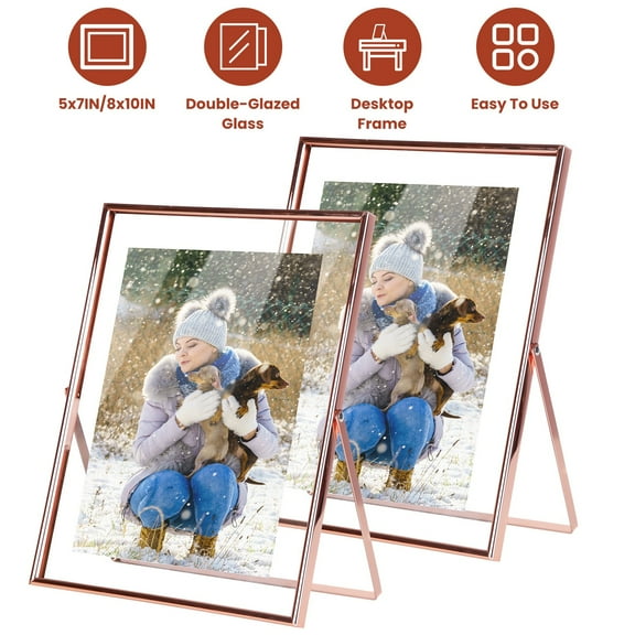 Moclever 2Pcs Standing Metal Picture Frames 5x7in Vertical Tabletop Floating Photo Frame for Home Decoration Gift, Rose Gold