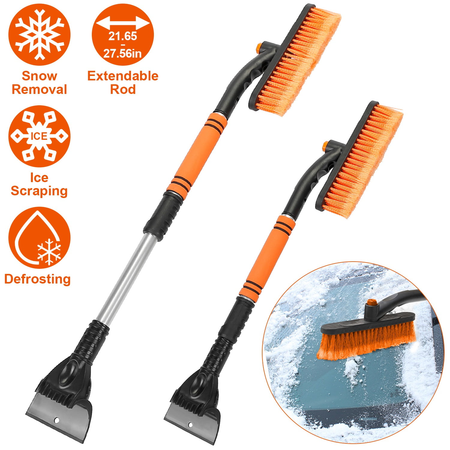 iMounTEK 3 in 1 Windshield Ice Scraper 27.56x9.06x4.33in Extendable Car Snow  Removal Tool 360° Pivoting Brush Head Car Broom Snow Shovel Automobile  Frost Removal, Orange 