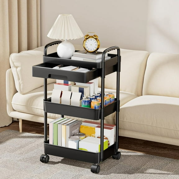 iMounTEK 3-Tier Rolling Utility Cart with Drawer, Multifunctional Storage Organizer with Lockable Wheels, Storage Cart for Kitchen,Bathroom,Living Room,Office, Black