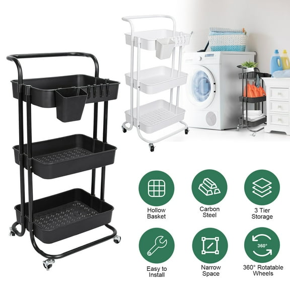 Moclever 3 Tier Storage Cart, 16.14x14.56x33.85in Rolling Utility Cart with Mesh Baskets Lockable Wheels 360 Degree Rotatable Hanging Box Hooks Bedroom Bathroom Kitchen, Black