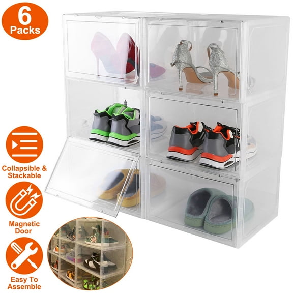 Moclever 3 Tiers Stackable Shoe Storage Bins Collapsible Shoe Box Transparent Dustproof Hard PP Shoe Organizer Container with Magnetic Door for Home Bedroom 6Packs, Transparent