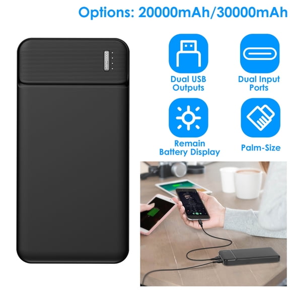 Portable Phone Charger Teqhome 30000mAh Power Bank with Dual USB Output 1 Type-C PD22.5W External Battery Pack with Type-C Cable Fit for Phone Tablet Black