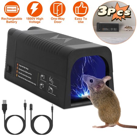 TeqHome 3Pcs Electric Rat Trap Rodent Zapper Pest Control Reusable Rechargeable No Touch Shock Mice Killer with 1800V High Voltage Indoor ABS Black