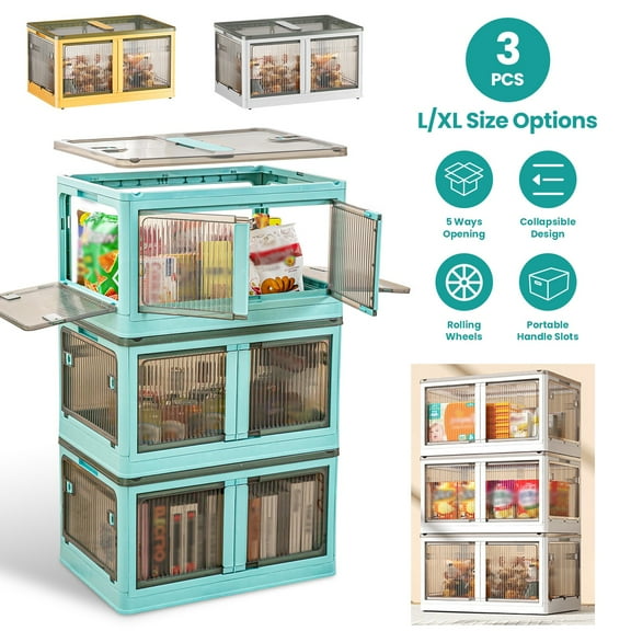 Moclever 3Pcs Foldable Storage Bins with Lid, 30.8L Rolling Storage Bins 4 Doors 5-Opening Collapsible Stackable Plastic Closet Organizer Containers with Lock 4 Wheels, Green