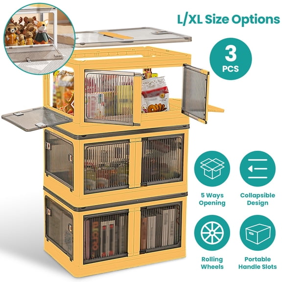 Moclever 3Pcs Foldable Storage Bins with Lid, 70.7L Rolling Storage Bins 4 Doors 5-Opening Collapsible Plastic Stackable Closet Organizer Containers with Lock 4 Wheels, Yellow