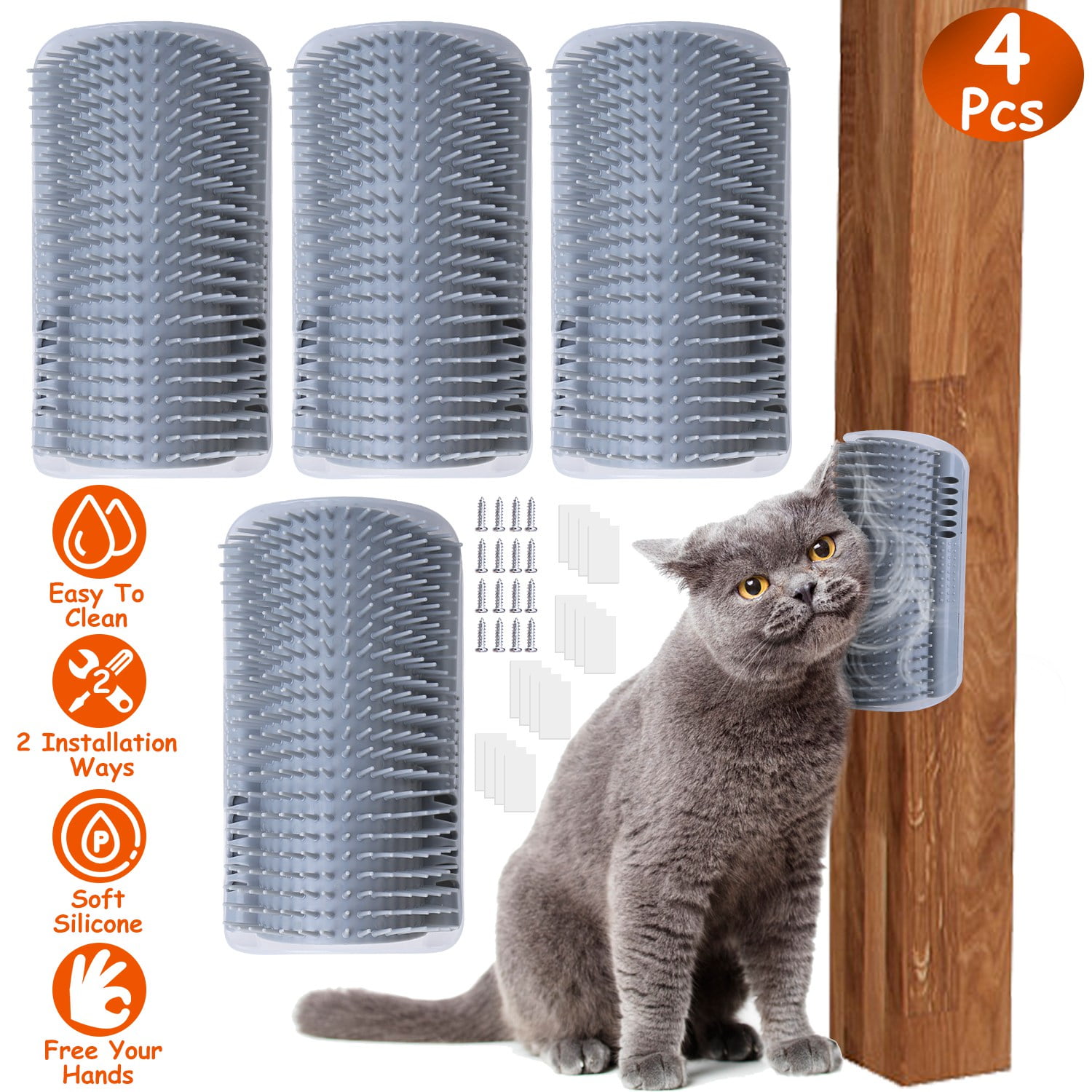 Moclever 4 Pack Cat Self Groomer Soft Silicone Wall Corner Scratcher for Kitten Long Short Fur Gray Walmart Business Supplies