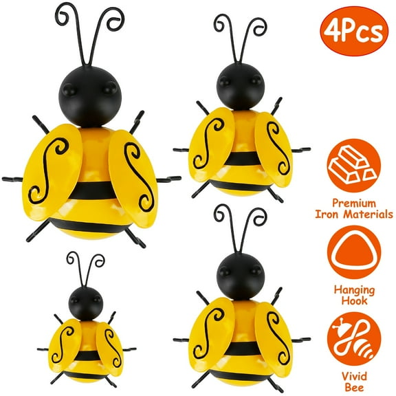 Moclever 4 Pcs Metal Bees Decor Bumble Bee Embellishment, 3D Iron Hanging Bee Craft Decorations for DIY Fence Lawn Bar Living Room Party, Yellow