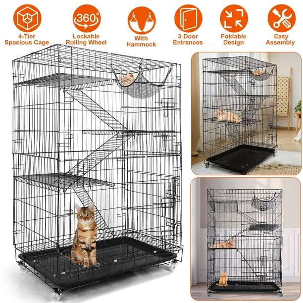 Moclever 4 Tiers Pet Cage 35.43x23.62x53.15in Cat Cage Rolling Metal Cat Playpen Enclosure Cat Kennel with 360 Lockable Wheels 3 Doors 3 Ladders Hammock Black Walmart Business Supplies