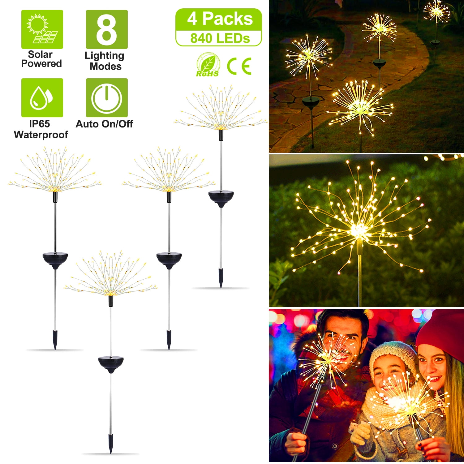 Moclever 480 LEDs Solar Powered Starburst Stake Fairy Lights, 4Pcs IP65 Waterproof Solar Powered Firework Lamp for Lawn Garden Outdoor Wedding Decor, Warm White