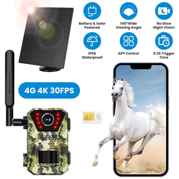 iMounTEK 4G 4K 30FPS Solar Trail Camera, Motion Activated Outdoor Wildlife Camera IP66 Waterproof with 140Viewing Angle No Glow Night Vision SIM Card APP Control No WiFi Needed