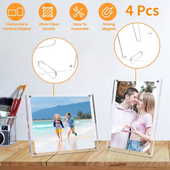 Moclever 4Pcs Acrylic Photo Frames, 5x7in Free Standing Magnetic Picture Frame for Living Room Bedroom, Transparent