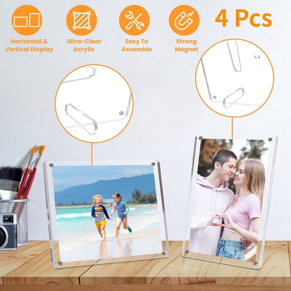 Moclever 4Pcs Acrylic Photo Frames, 5x7in Free Standing Magnetic Picture Frame for Living Room Bedroom, Transparent