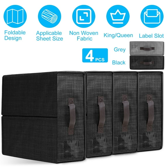 Moclever 4Pcs Bed Sheet Organizer Foldable Bedsheets Storage Bins Dustproof for Clothing Duvet Cover Bedsheet Closet Bedding Container with Label, Black