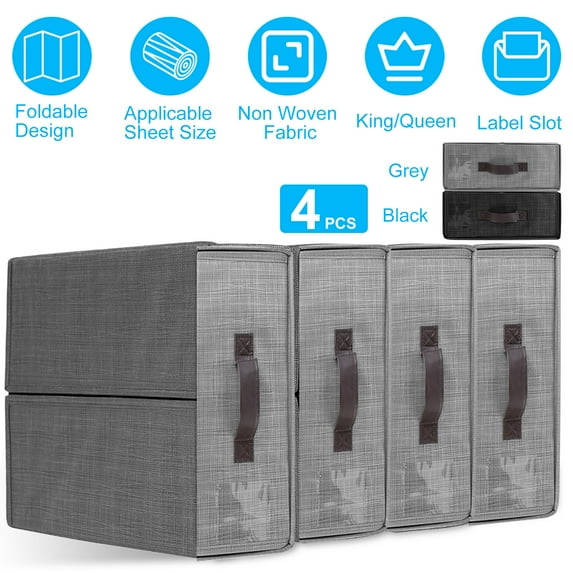 Moclever 4Pcs Bed Sheet Organizer Foldable Bedsheets Storage Bins Dustproof for Clothing Duvet Cover Bedsheet Closet Bedding Container with Label, Grey