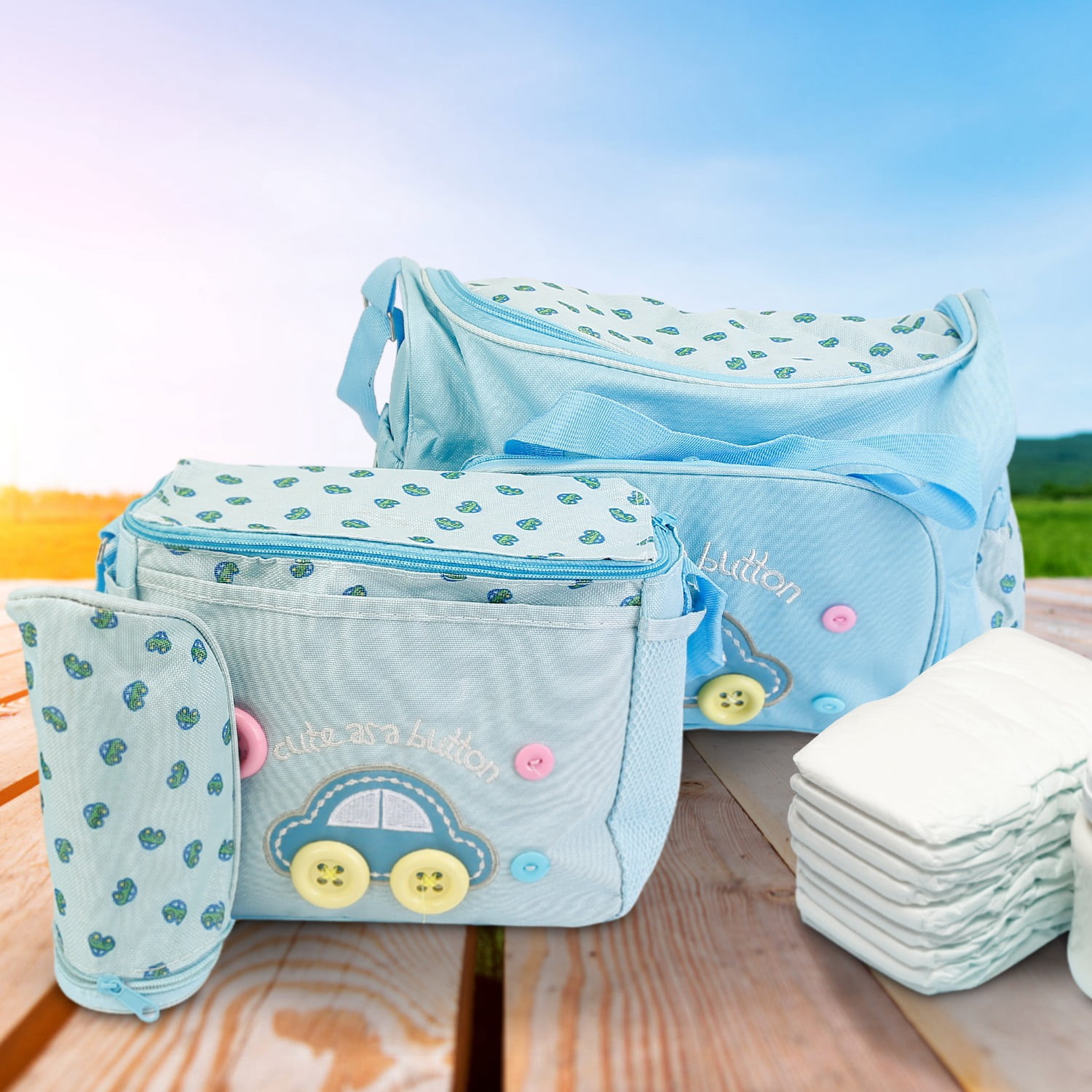 TeqHome 4Pcs Diaper Bag Tote Set with Napping Changing Pad Diaper Mummy Travel Bag Shoulder Bag Light Blue