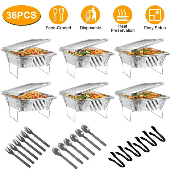 iMounTEK 6 Sets Disposable Chafing Dish 36Pcs Catering Supplies Includes Pans, Lids, Stands, Forks, Spoons, Tongs