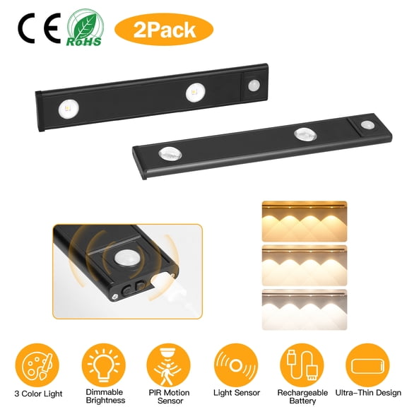 iMounTEK 7.9in Under Cabinet Lights with Motion Sensor, Rechargeable LED Under Cabinet Lighting Wireless Light for Kitchen, Wardrobe, Cupboard, Black(2Pcs)